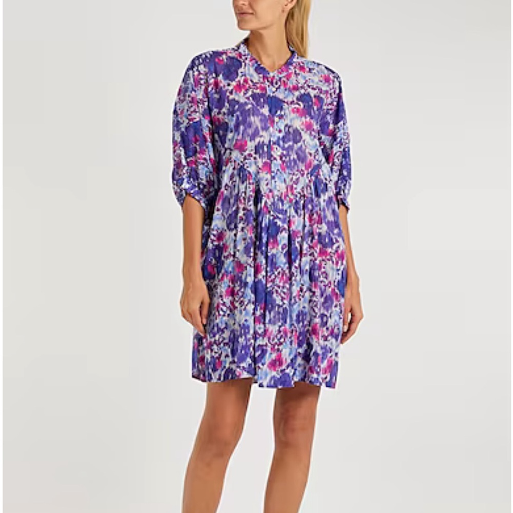 Etoile Isabel Marant Mazea Purple & Blue Ikat Pleated Puff Sleeve Dress 34 S/M